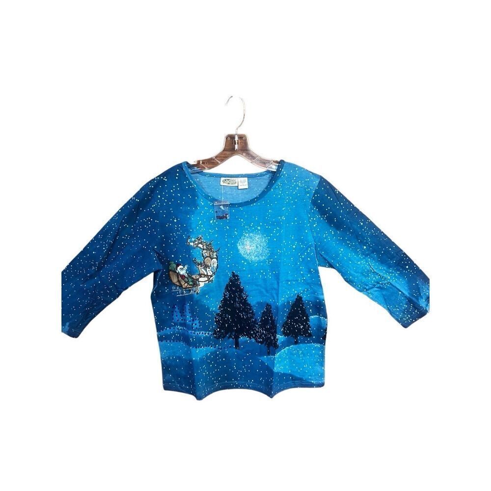Collections Etc Womens  Christmas Shirt Size Large Santa Sleigh Beads 2 Sided NW